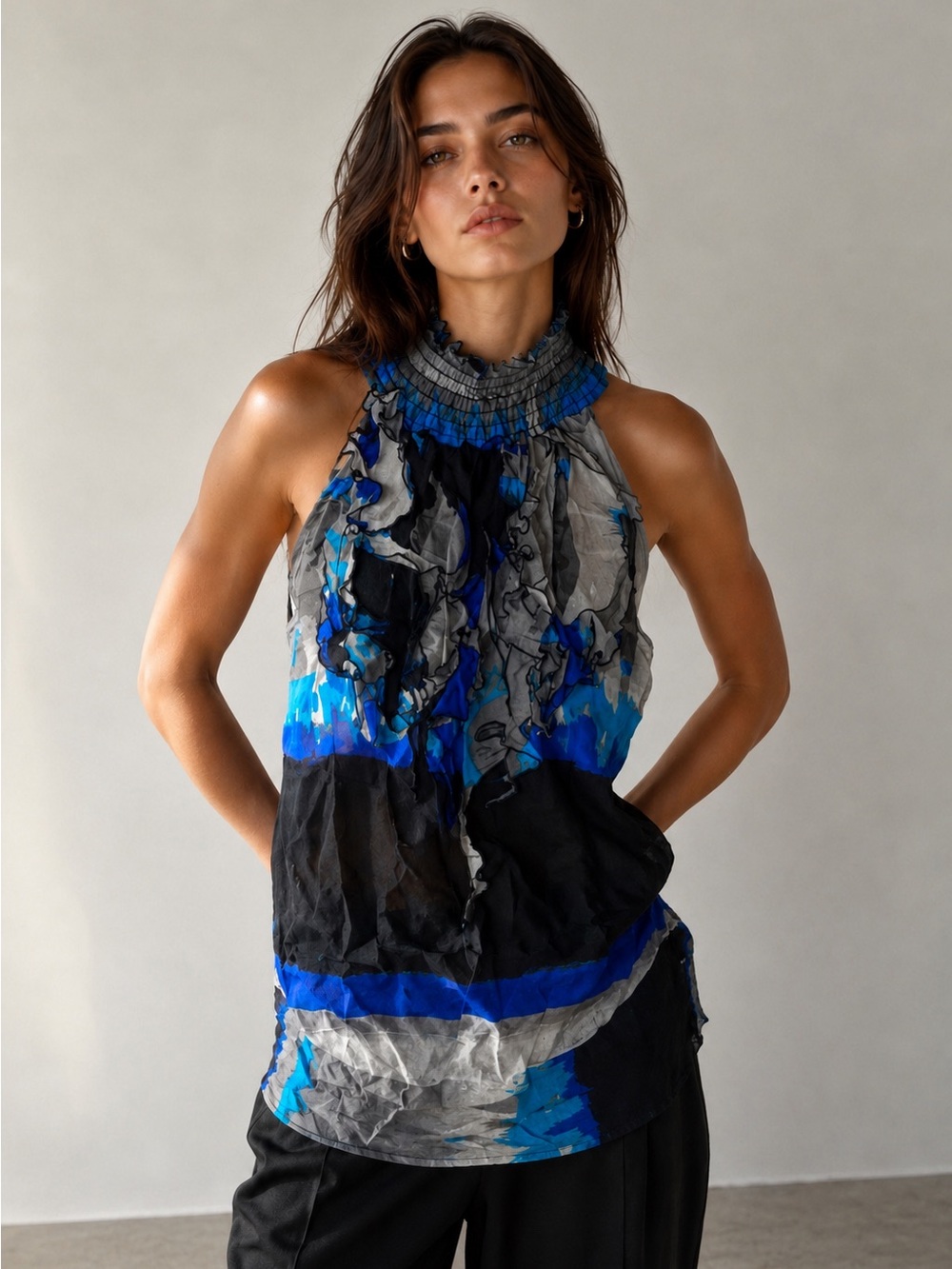 Bebe Blue and Gray Striped Top XS Silk Floral